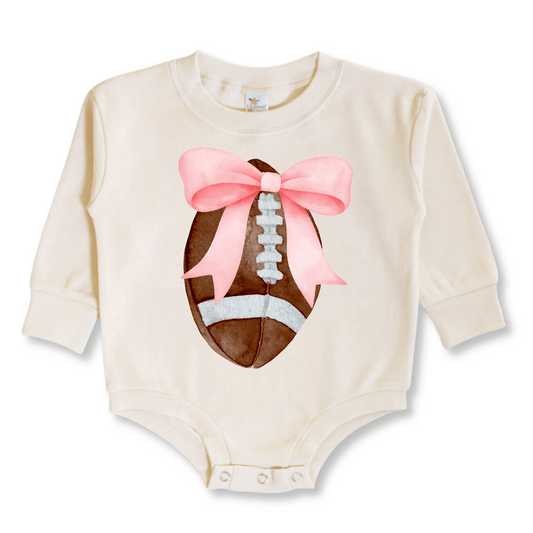 Baby & Toddler Romper | Long Sleeves | 100% Cotton | Sizes 3-6m up to 12-18m | Football Bow | Beige