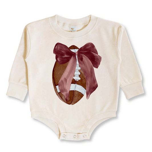 Baby & Toddler Romper | Long Sleeves | 100% Cotton | Sizes 3-6m up to 12-18m | Football Bow | Beige