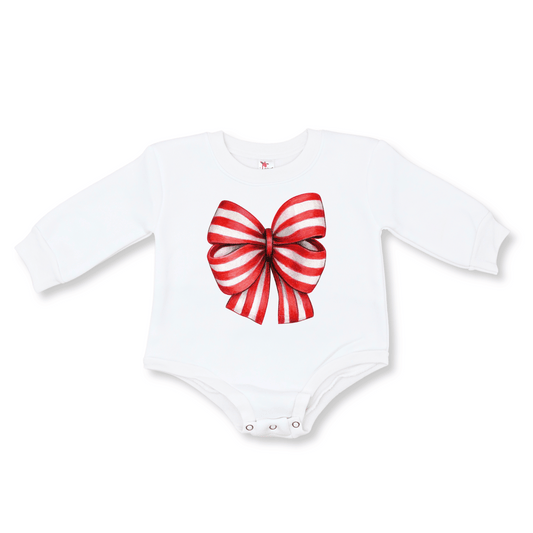 Baby & Toddler Girl's Bubble Romper | Fleece | Sizes 0-3m to 12-18m | Candy Cane Bow