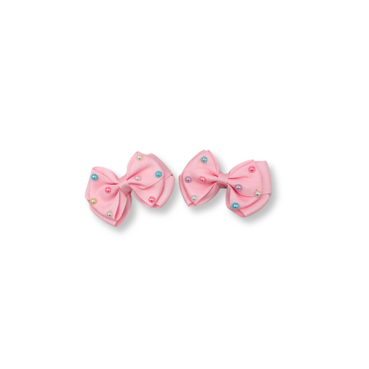 Baby & Toddler Bows | Set of 2 | Clip in Hairbow | Small Bow | Pink & Pearls