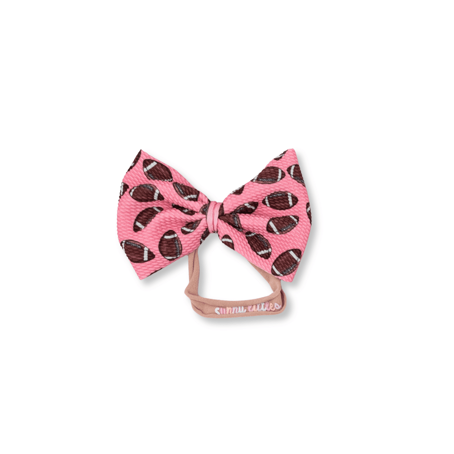 Baby Headband | Handmade | Nylon | Large Bow | Size 0-24m | Pink Footballs | lbb