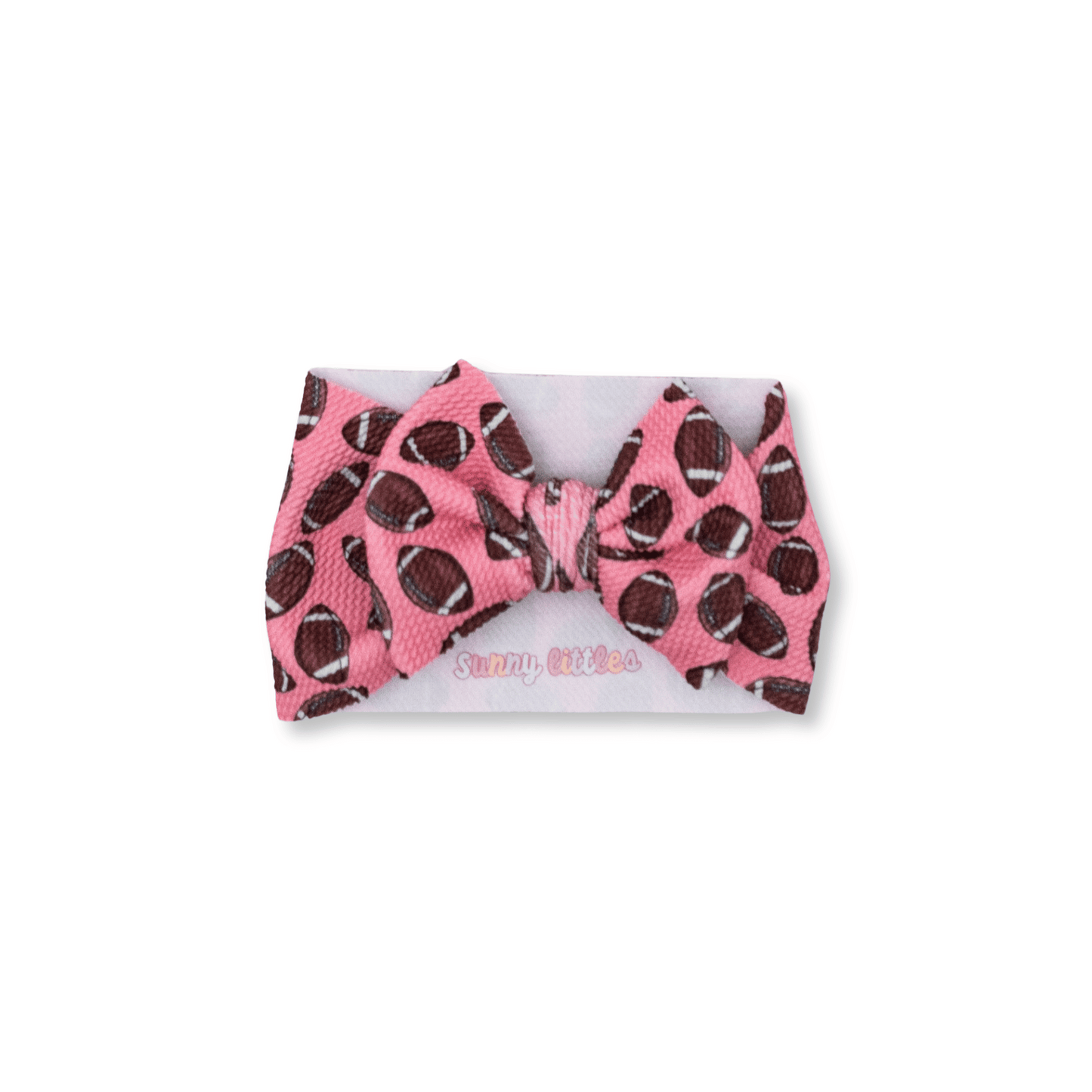 Baby Head Wrap | Handmade Bow | Large Bow | Sizes 0-12m+ | Bullet Polyester | Pink Footballs | FINAL SALE