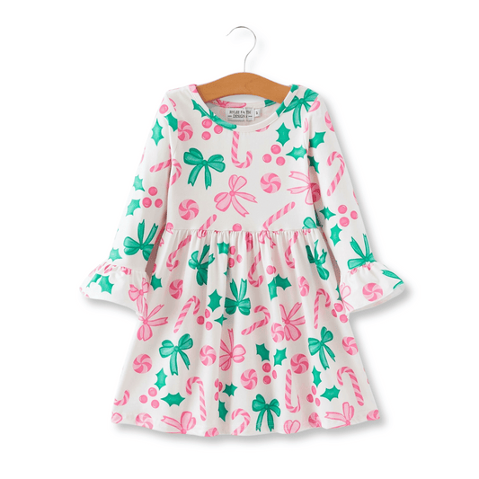 Toddler Dress | Sizes 2T to 5T | Pink & Green Christmas Bows